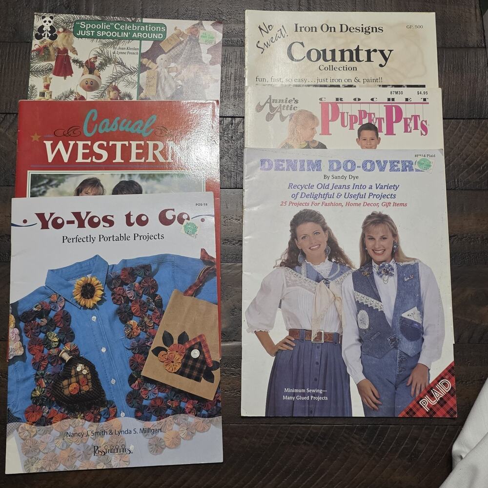 Lot 7 Vintage Craft Pattern Books Sewing Denim YoYo Western Annie’s Attic Plaid